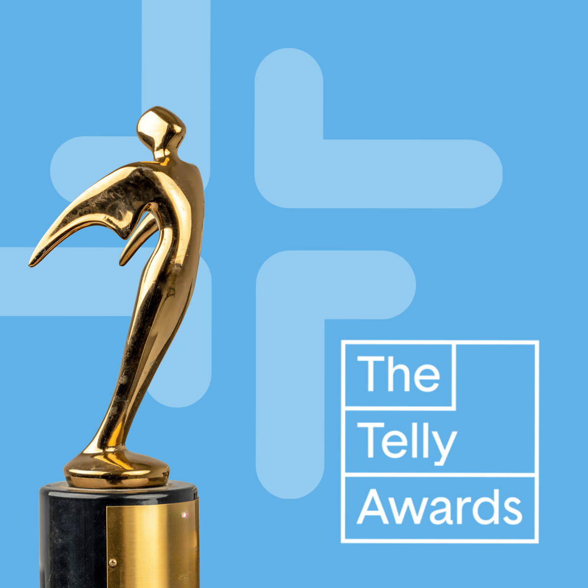 The Telly Awards statuette on a blue background with the Telly Awards logo